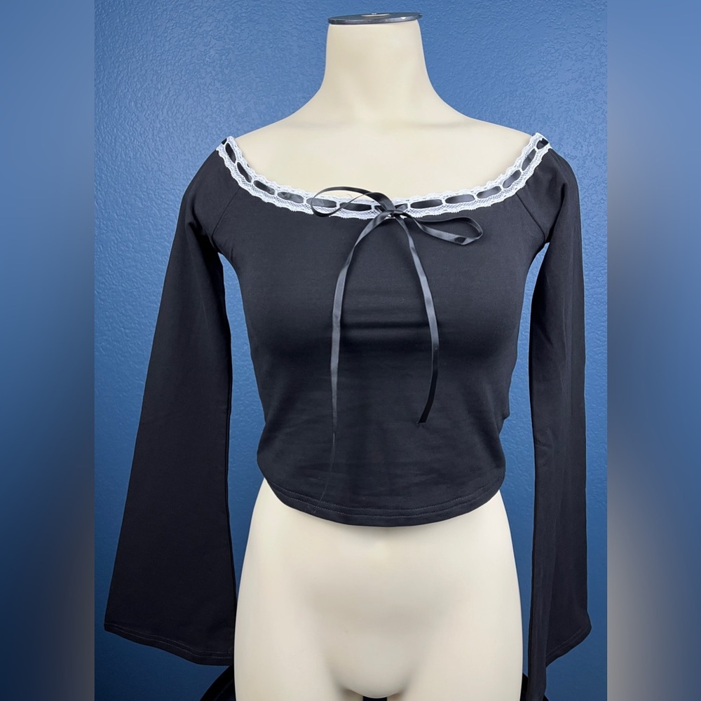 Edikted Black long sleeve off shoulder Women's Top with Ribbon Detail NWT